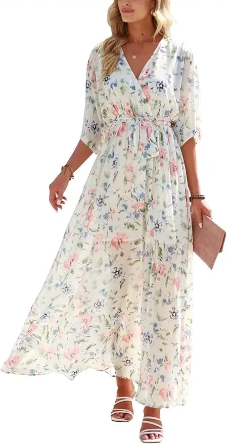 Wrap™ | Women's Boho Floral Wrap Maxi Dress – V-Neck 3/4 Sleeve Belted Slit Beach Wedding Dress oaklynwear