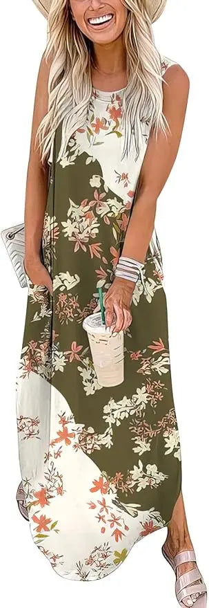 Mavi™ | Women's Sleeveless Maxi Dress – Loose Fit Side Slit Beach Vacation Sundress oaklynwear