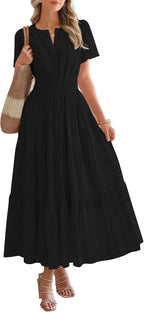 Fable™ | Women's Tiered Boho Maxi Dress with Pockets – V-Neck Short Sleeve Elastic Waist Beach Dress oaklynwear