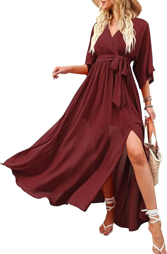 Wrap™ | Women's Boho Floral Wrap Maxi Dress – V-Neck 3/4 Sleeve Belted Slit Beach Wedding Dress oaklynwear
