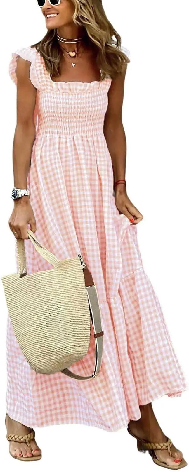 Plaid™ | Women's Retro Smocked Plaid Maxi Dress with Pockets – Spaghetti Strap Flounce A-Line Dress oaklynwear
