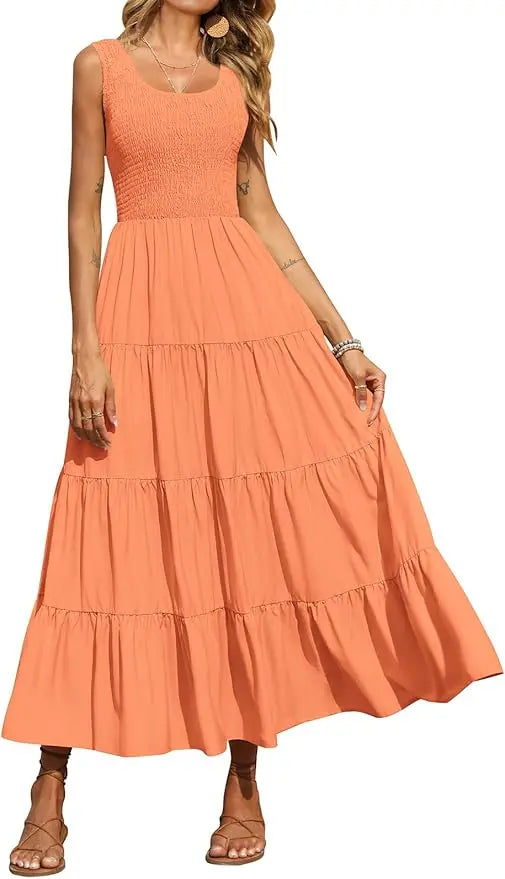 Tiara™ | Women's Smocked Tank Tiered Maxi Dress – Sleeveless Flowy A-Line Beach Sundress oaklynwear