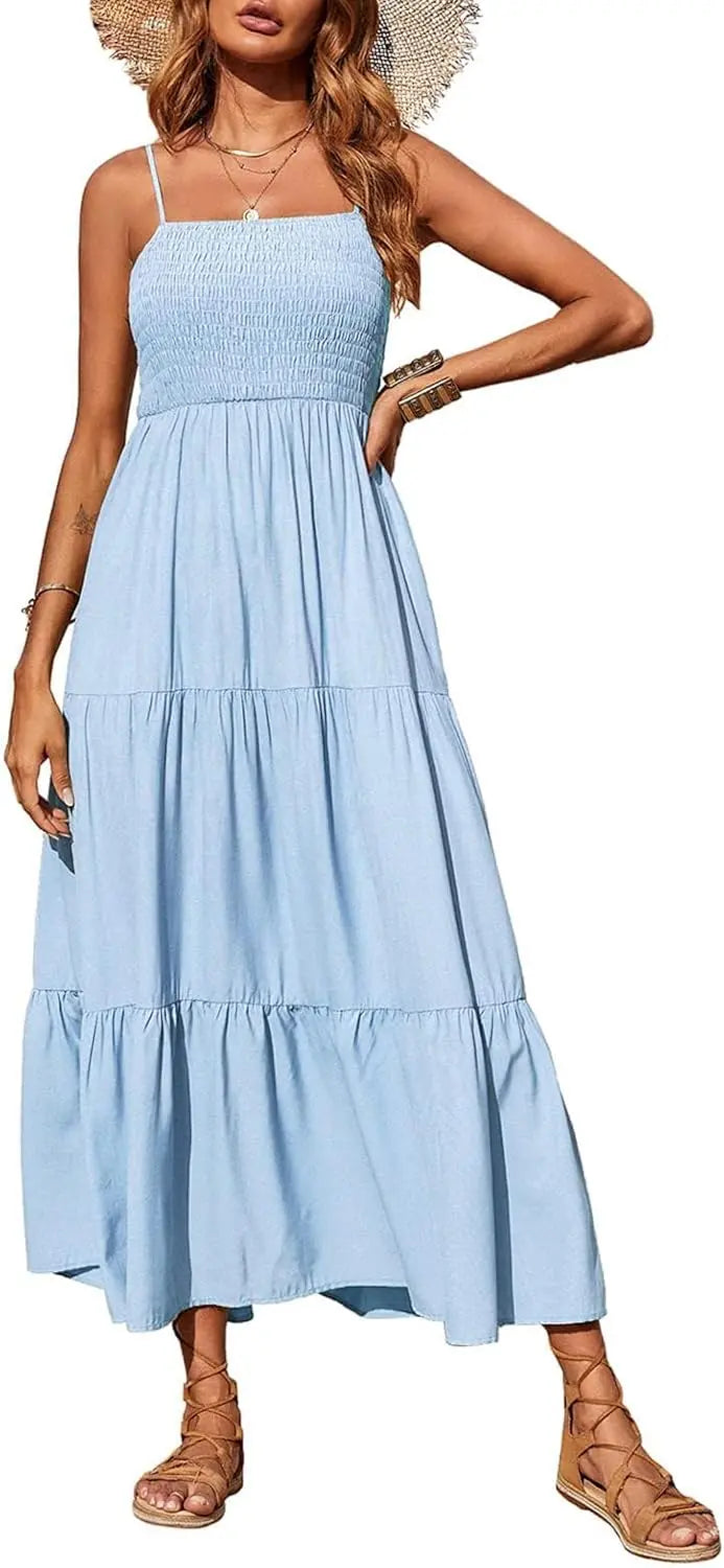 Cami™ | Women's Smocked Tiered Maxi Dress – Spaghetti Strap Elastic Waist Flowy Boho Beach Sundress oaklynwear