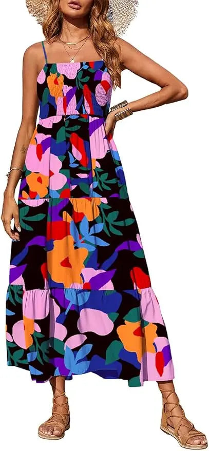 Cami™ | Women's Smocked Tiered Maxi Dress – Spaghetti Strap Elastic Waist Flowy Boho Beach Sundress oaklynwear