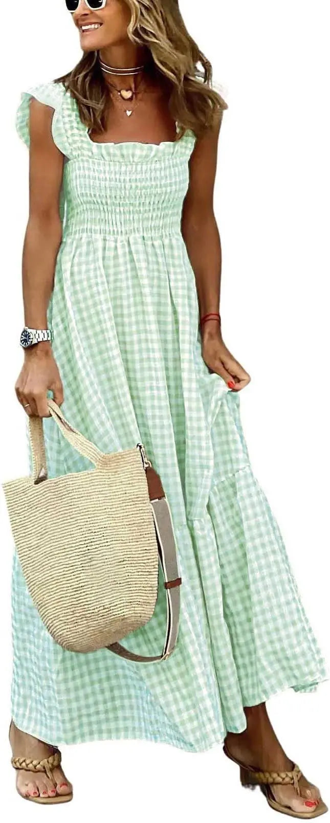 Plaid™ | Women's Retro Smocked Plaid Maxi Dress with Pockets – Spaghetti Strap Flounce A-Line Dress oaklynwear