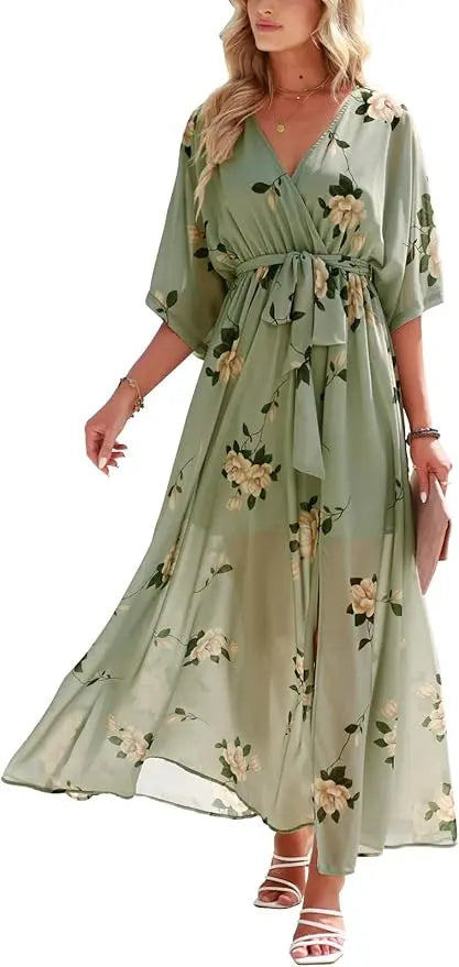 Wrap™ | Women's Boho Floral Wrap Maxi Dress – V-Neck 3/4 Sleeve Belted Slit Beach Wedding Dress oaklynwear