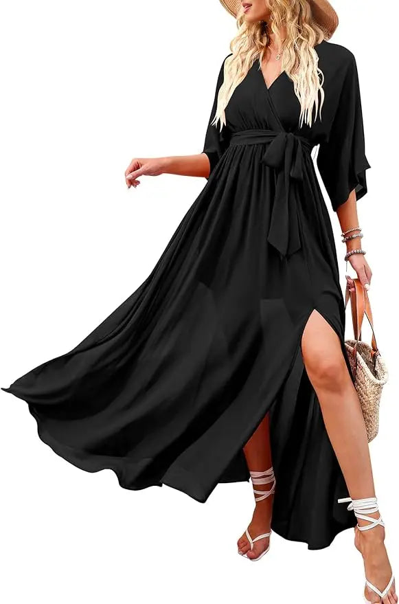 Wrap™ | Women's Boho Floral Wrap Maxi Dress – V-Neck 3/4 Sleeve Belted Slit Beach Wedding Dress oaklynwear