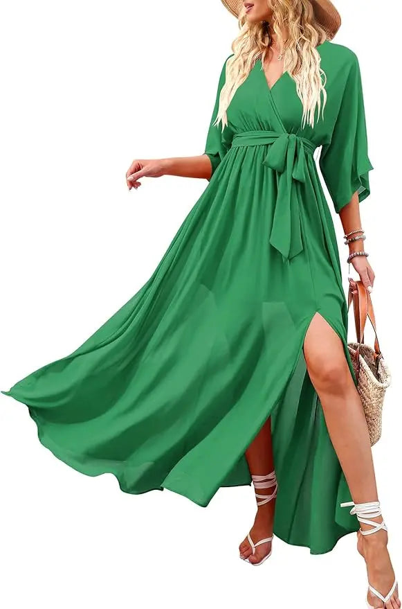 Wrap™ | Women's Boho Floral Wrap Maxi Dress – V-Neck 3/4 Sleeve Belted Slit Beach Wedding Dress oaklynwear