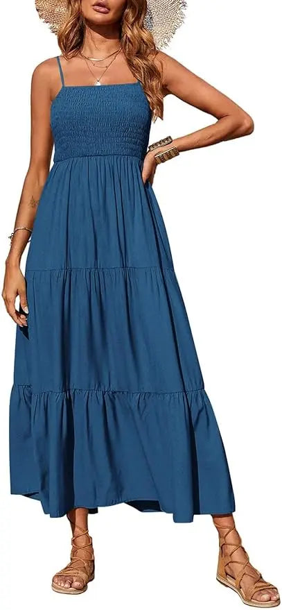 Cami™ | Women's Smocked Tiered Maxi Dress – Spaghetti Strap Elastic Waist Flowy Boho Beach Sundress oaklynwear