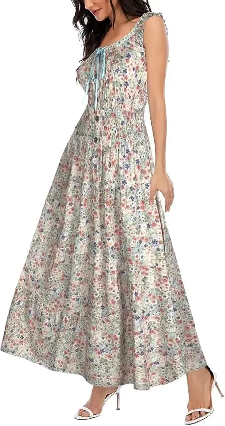 Bora™ | Women's Boho Floral Tiered Maxi Dress – Sleeveless Scoop Neck A-Line Beach Vacation Dress oaklynwear