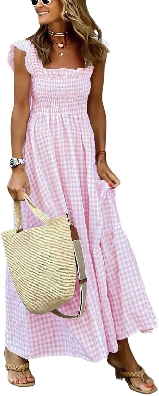Plaid™ | Women's Retro Smocked Plaid Maxi Dress with Pockets – Spaghetti Strap Flounce A-Line Dress oaklynwear