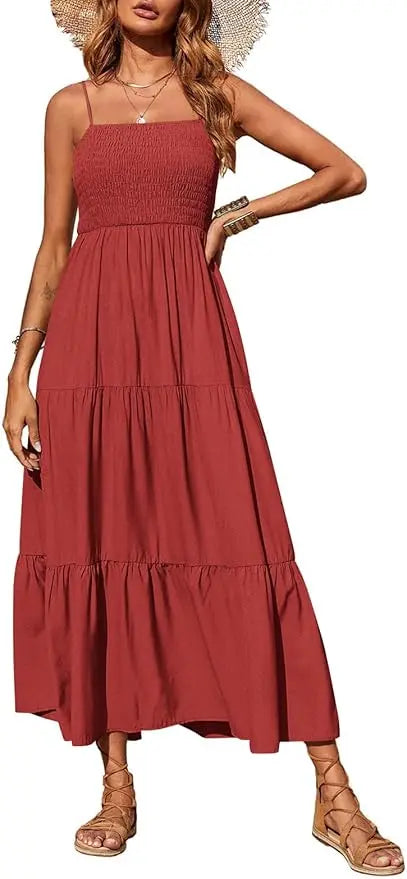 Cami™ | Women's Smocked Tiered Maxi Dress – Spaghetti Strap Elastic Waist Flowy Boho Beach Sundress oaklynwear