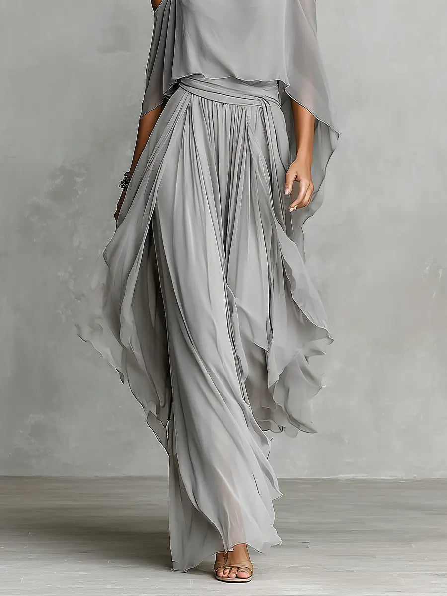 Simone | Women's Breathable Chiffon Set With Cold-Shoulder Detail & Flared Silhouette oaklynwear