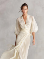 Isabelle | Women's Ivory Sheer Chiffon Dress With Puff Sleeves & Wrap Detail oaklynwear