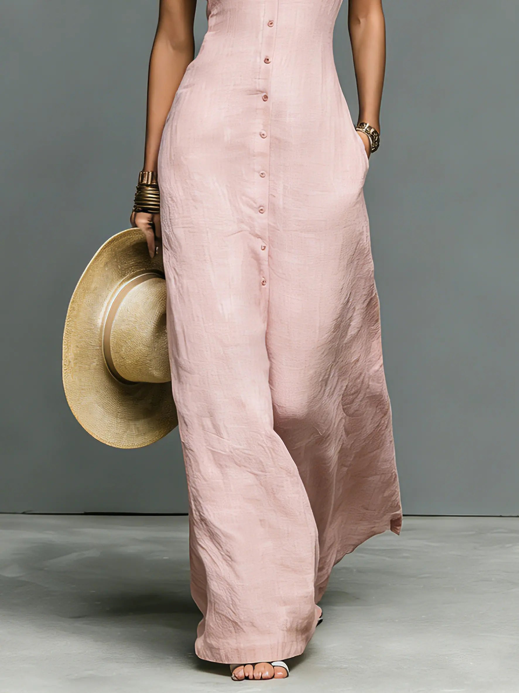 Ingrid | Women's Minimalist Linen-Blend Stand-Collar Single-Breasted Sleeveless Maxi Dress oaklynwear
