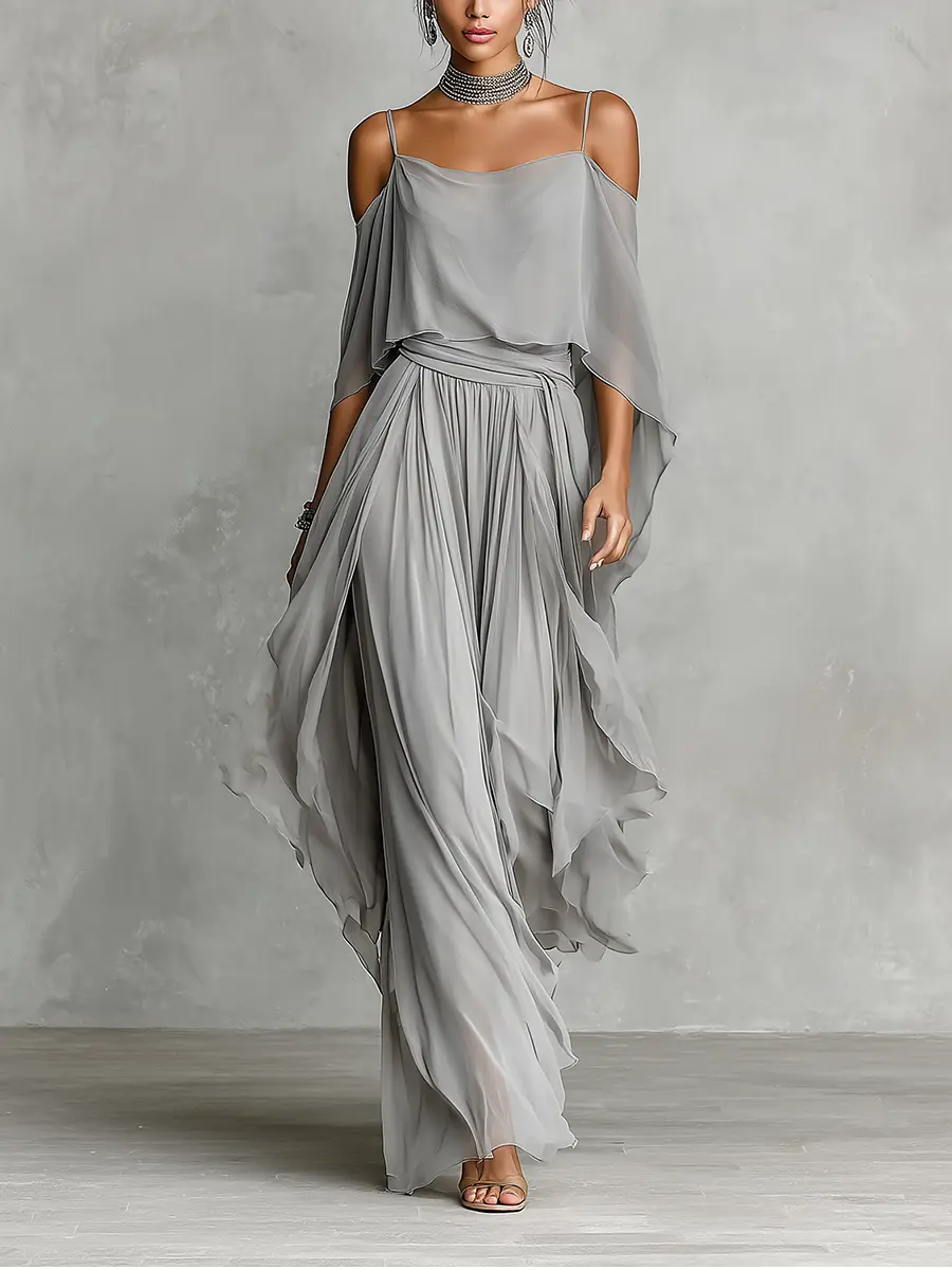 Simone | Women's Breathable Chiffon Set With Cold-Shoulder Detail & Flared Silhouette oaklynwear