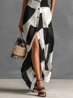 Petra | Women's Cotton And Linen Blend Irregular Geometric Print Lapel Single-Breasted Short-Sleeved Maxi Shirt Dress oaklynwear