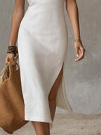 Vera | Stand Collar Split Hem Linen Midi Dress oaklynwear