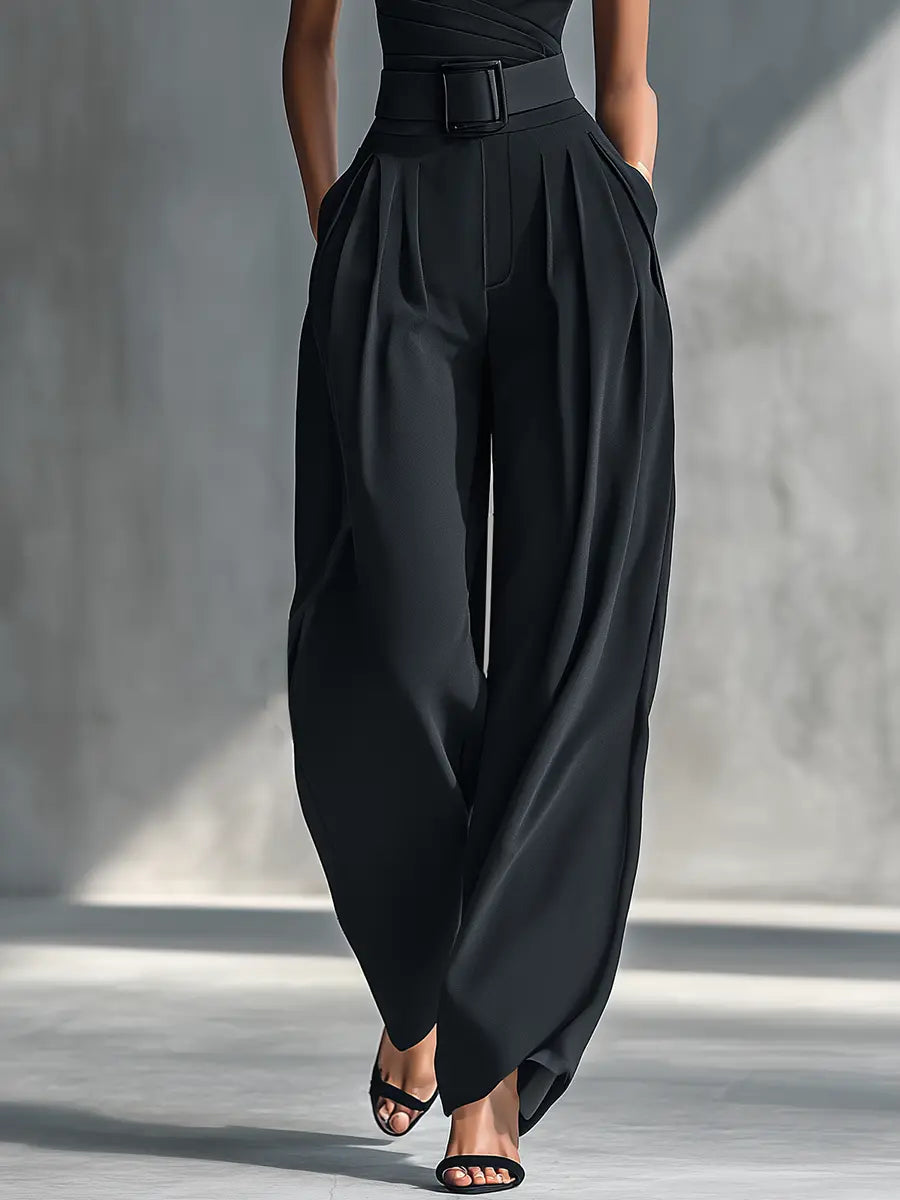 Naomi | Women's Black High-Elastic Knit Top And Acetate Wide-Leg Pants oaklynwear