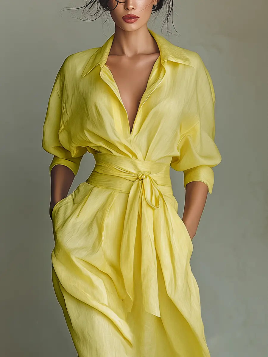 Goldie | Women's Lemon Yellow Cotton And Linen Blend Maxi Shirt Dress With Tie Waist & Half Sleeves oaklynwear