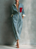 Rosie | Women's Blue And White Cotton Blend Striped Shirt Dress With Red Chest Pocket oaklynwear