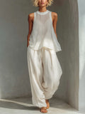 Chloe | Women's Cream Two-Piece Set With Semi-Sheer Chiffon Sleeveless Top oaklynwear