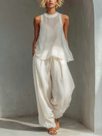 Chloe | Women's Cream Two-Piece Set With Semi-Sheer Chiffon Sleeveless Top oaklynwear
