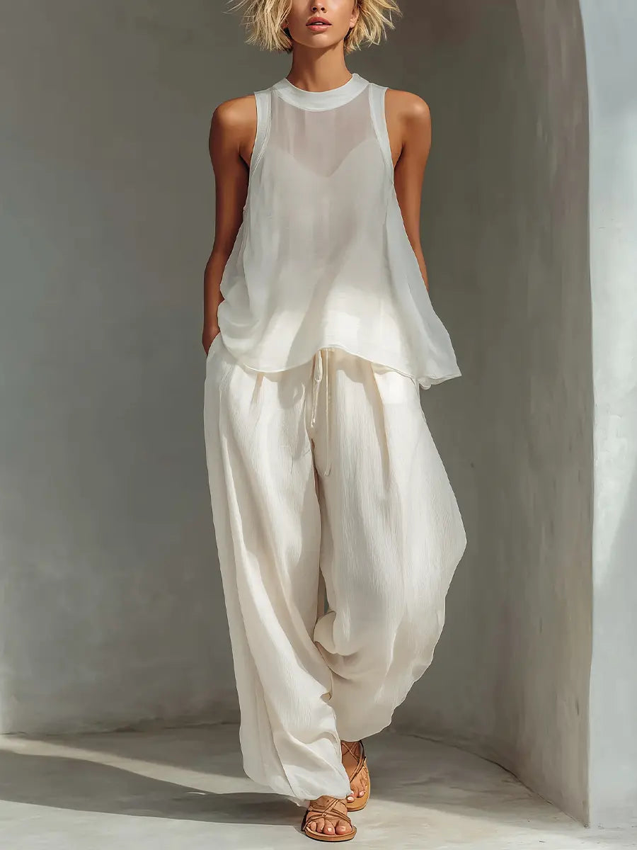 Chloe | Women's Cream Two-Piece Set With Semi-Sheer Chiffon Sleeveless Top oaklynwear