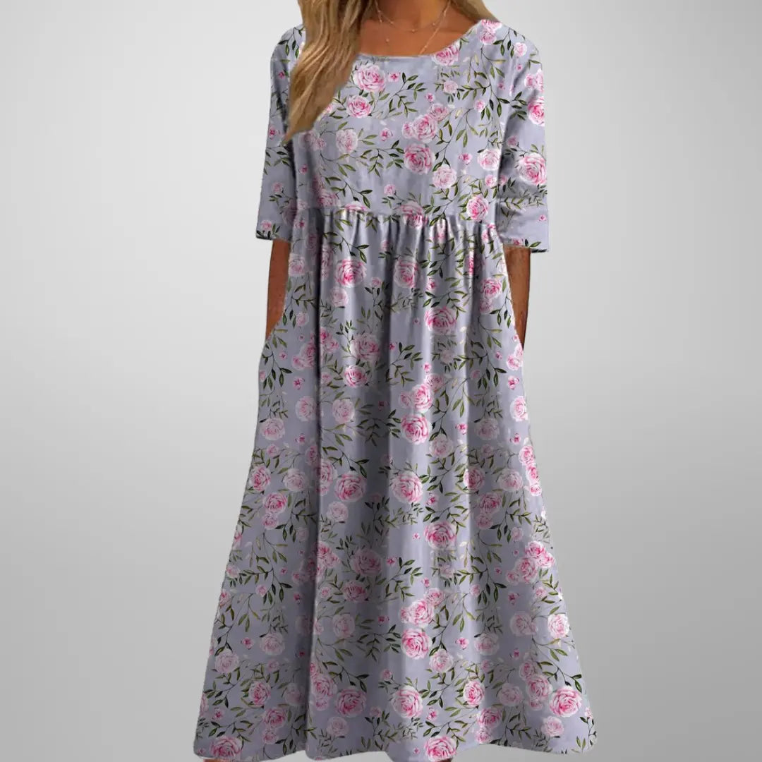 Oaklyn Floral Relaxed Midi Dress – Round Neck Elbow Sleeve Everyday Style oaklynwear