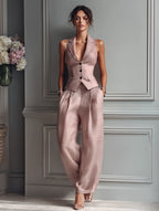 Lily | Women's Blush Pink Linen Fabric Sleeveless Vest & Wide-Leg Pants Two-Piece Set With Lapel Collar oaklynwear