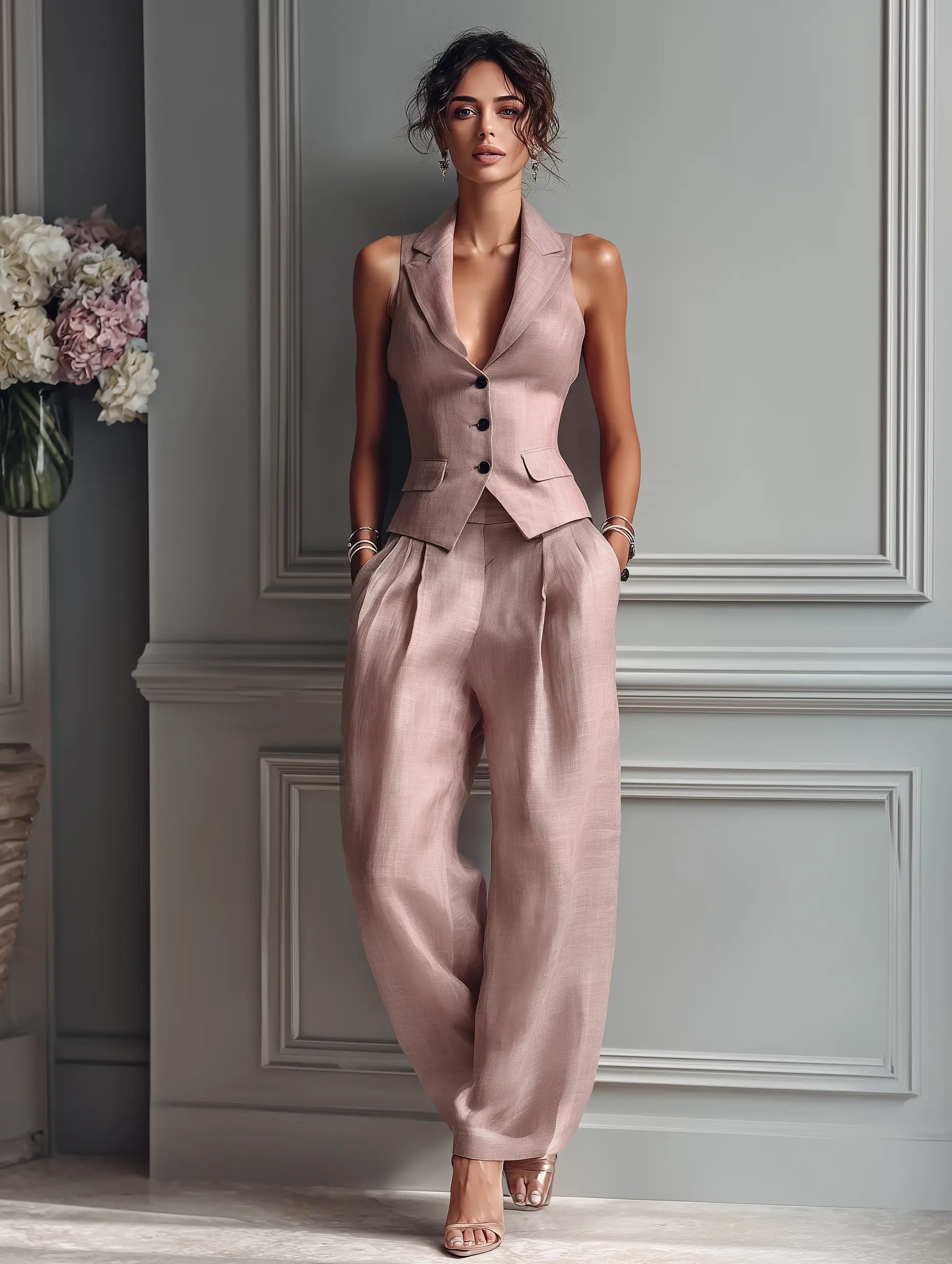 Lily | Women's Blush Pink Linen Fabric Sleeveless Vest & Wide-Leg Pants Two-Piece Set With Lapel Collar oaklynwear