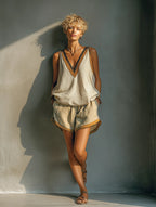 Sunny | Women's Beige Linen-Blend Contrast Trim V-Neck Tank Top & Khaki Shorts Two-Piece Set oaklynwear