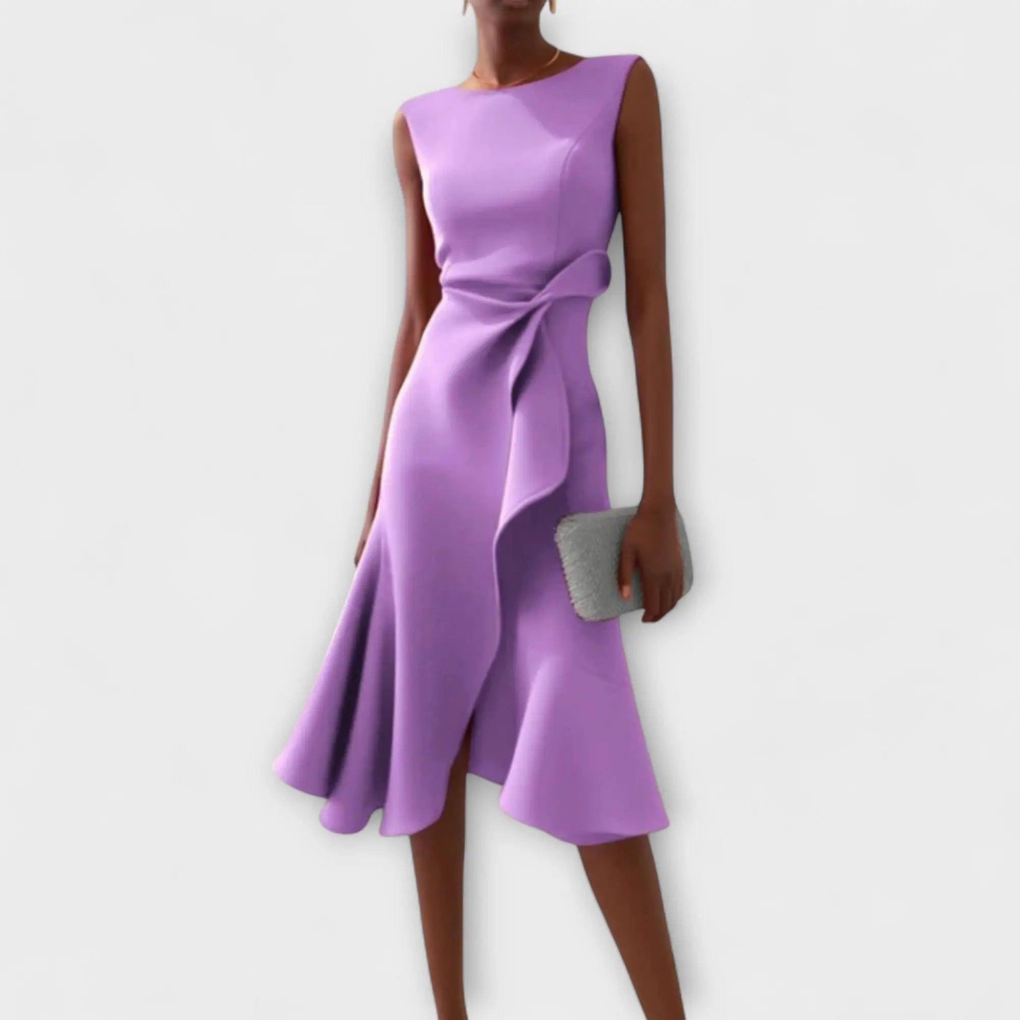 Oaklyn Asymmetric Ruffle Midi Dress – Boat Neck Sleeveless Formal Elegance oaklynwear