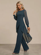 Graceful Navy Chiffon Jumpsuit with Sheer Sleeves and Draped Overlay oaklynwear
