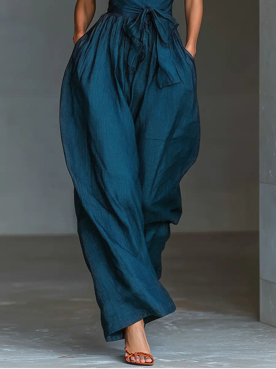 Marina | Women's Navy Blue Linen Fabric Cross Halter Wide-Leg Jumpsuit With Tie Waist & Side Pockets oaklynwear