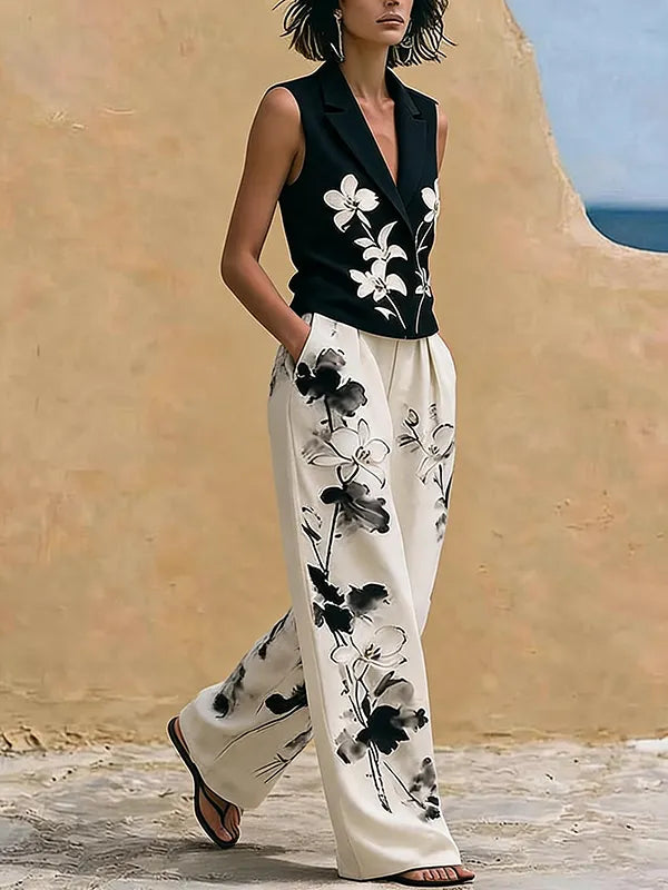 Black Floral Embroidered Sleeveless Lapel Vest & Floral Wide Leg Pants 2-Piece Suit oaklynwear