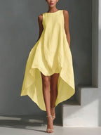 Vera | Women's White Linen Fabric Sleeveless Midi Dress With Round Neck & Asymmetric Hem oaklynwear