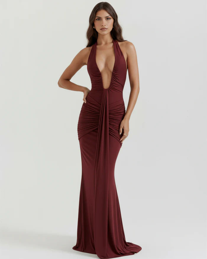 Seraphina | Plunging Halter Ruched Maxi Dress oaklynwear