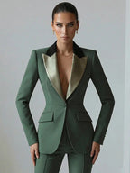Solid Color Blocked Satin Lapel Blazer Trousers 2-Piece Suit oaklynwear