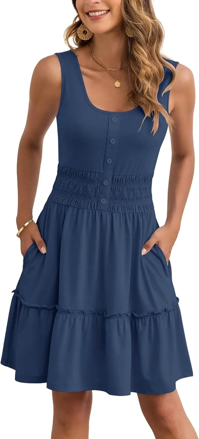 Dove™ | Women's Tiered Smocked Sundress with Pockets – Button Down Elastic Waist Beach Dress oaklynwear