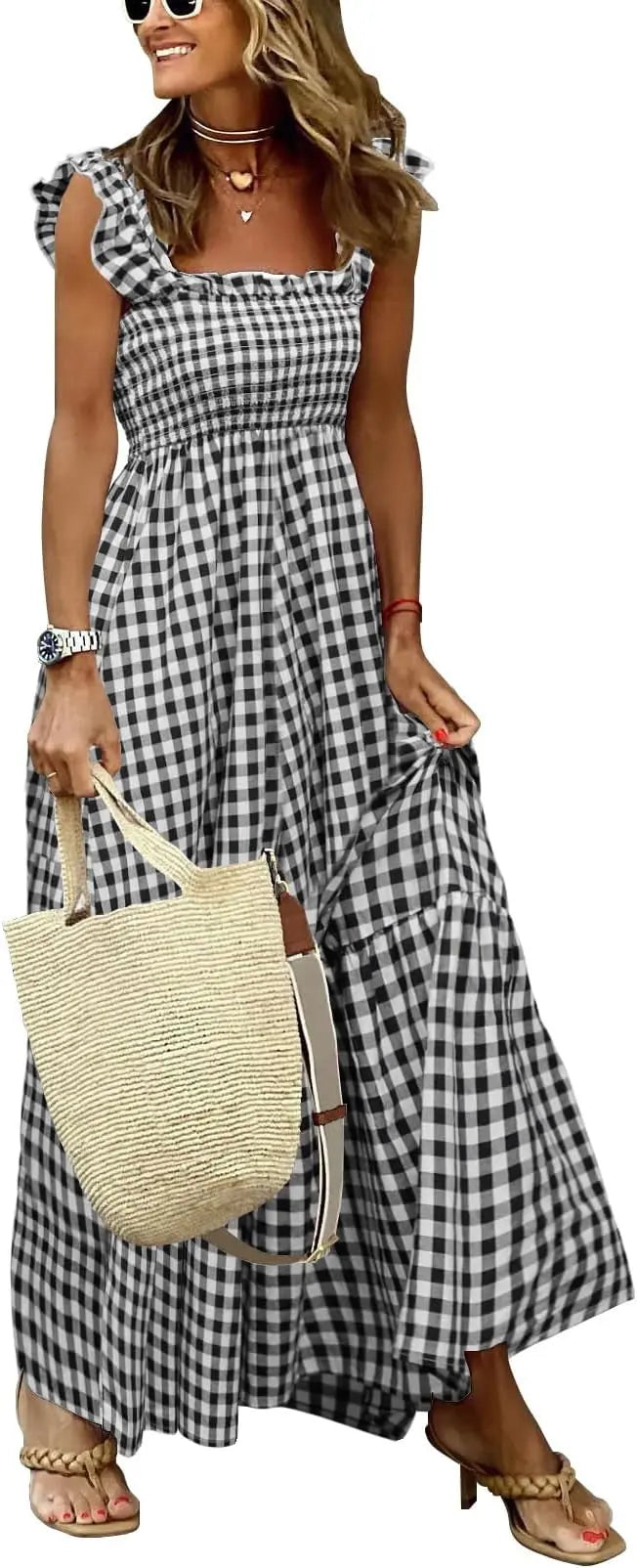 Plaid™ | Women's Retro Smocked Plaid Maxi Dress with Pockets – Spaghetti Strap Flounce A-Line Dress oaklynwear
