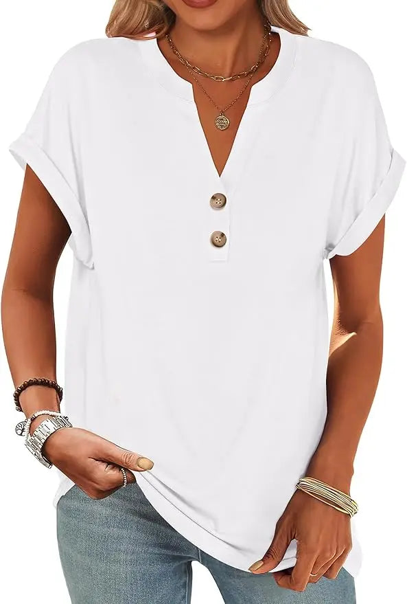 Willa™ | Women's Henley V-Neck Tunic Top – Loose Fit Short Sleeve Blouse for Work & Casual Wear oaklynwear
