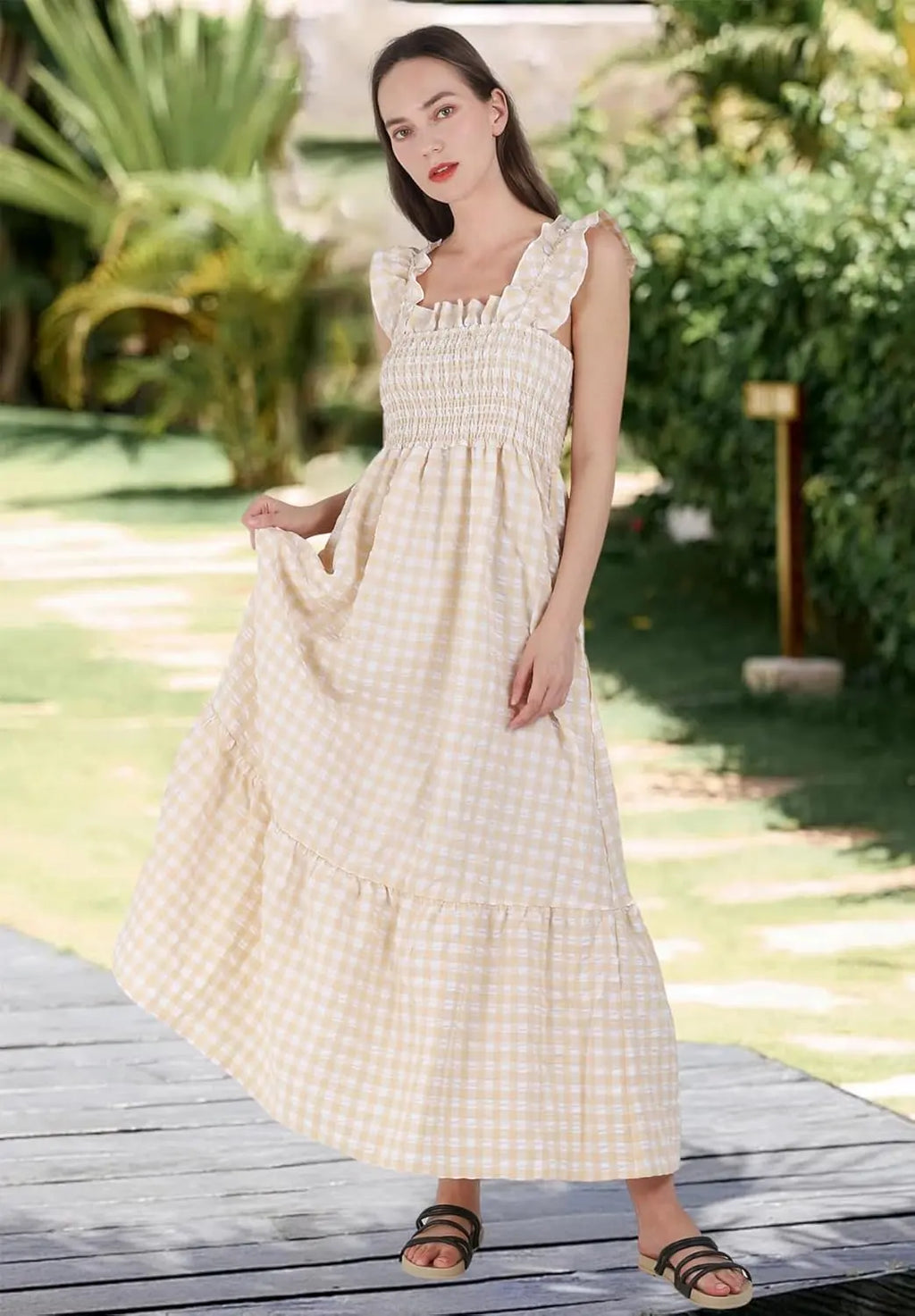 Plaid™ | Women's Retro Smocked Plaid Maxi Dress with Pockets – Spaghetti Strap Flounce A-Line Dress oaklynwear