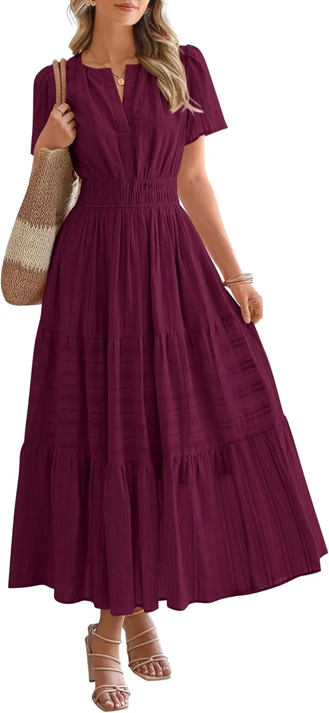 Fable™ | Women's Tiered Boho Maxi Dress with Pockets – V-Neck Short Sleeve Elastic Waist Beach Dress oaklynwear