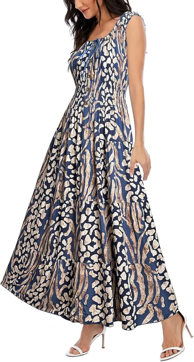 Bora™ | Women's Boho Floral Tiered Maxi Dress – Sleeveless Scoop Neck A-Line Beach Vacation Dress oaklynwear