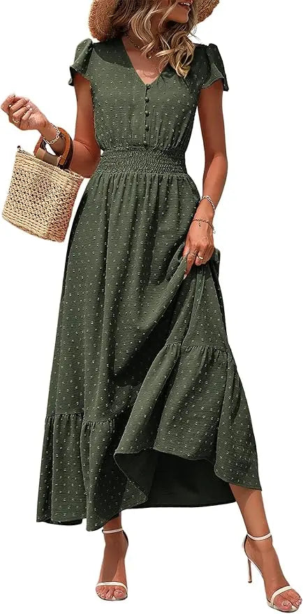 Dotty™ | Women's Swiss Dot Smocked Maxi Dress – V-Neck Short Sleeve Tiered Ruffle Boho Beach Dress oaklynwear
