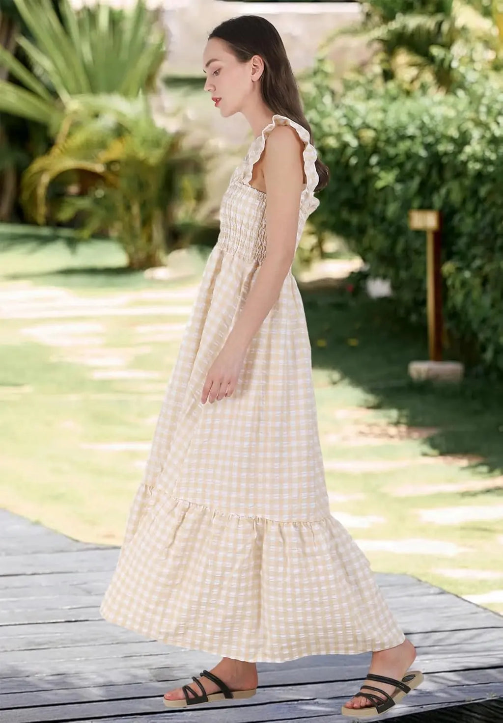Plaid™ | Women's Retro Smocked Plaid Maxi Dress with Pockets – Spaghetti Strap Flounce A-Line Dress oaklynwear