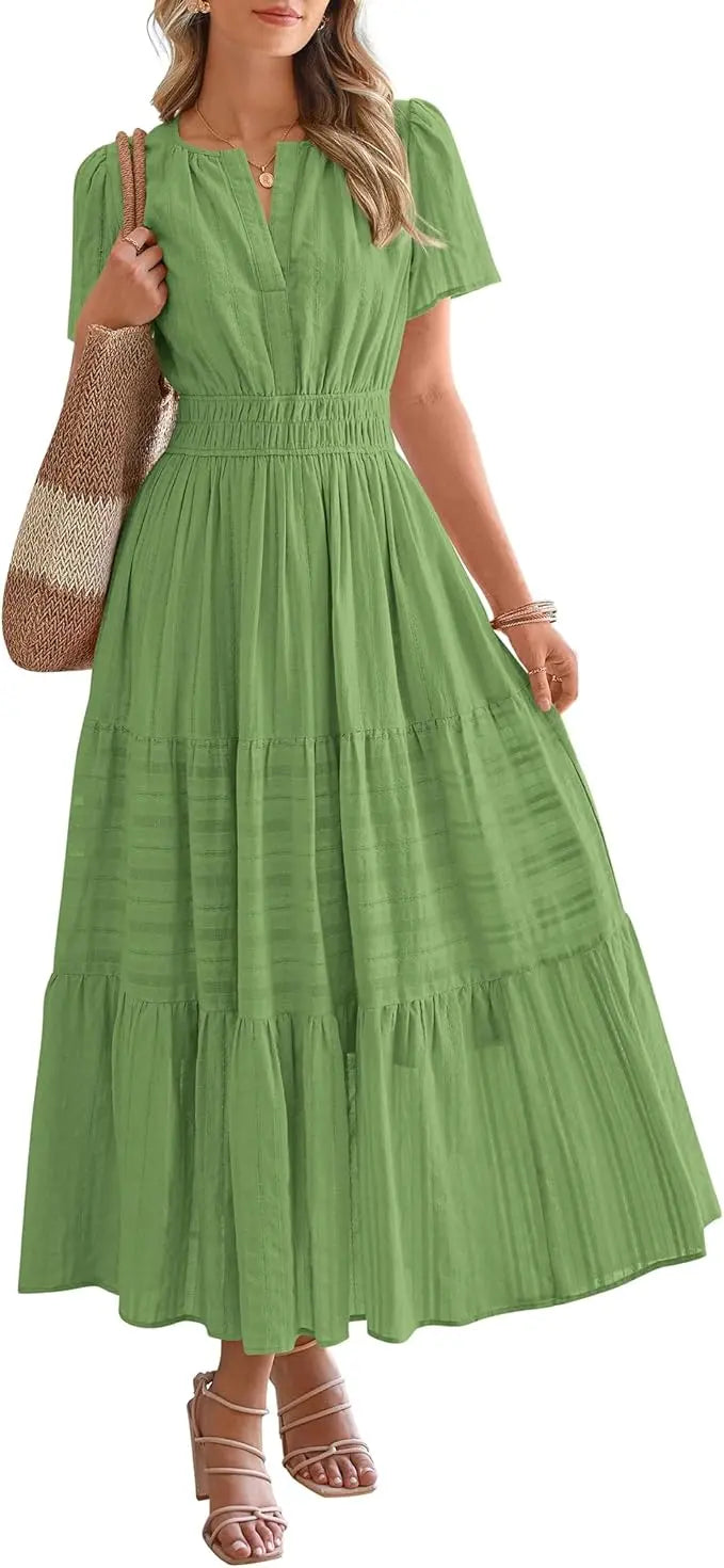 Fable™ | Women's Tiered Boho Maxi Dress with Pockets – V-Neck Short Sleeve Elastic Waist Beach Dress oaklynwear