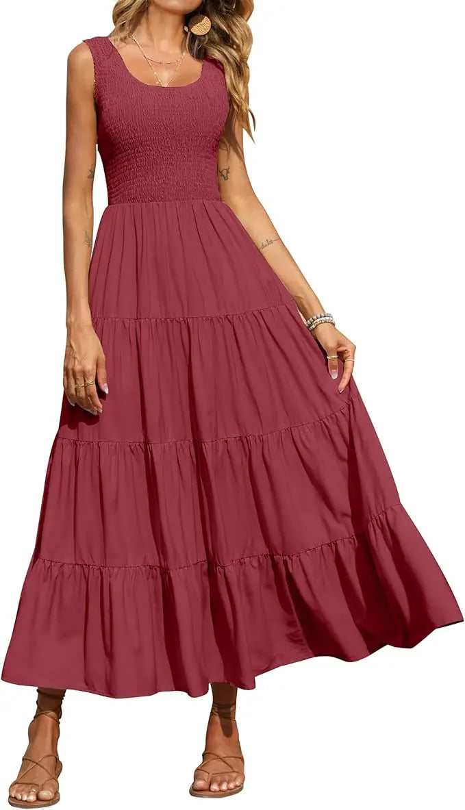 Tiara™ | Women's Smocked Tank Tiered Maxi Dress – Sleeveless Flowy A-Line Beach Sundress oaklynwear