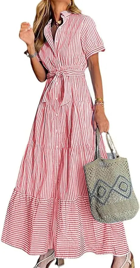 Stripe™ | Women's Striped Button-Down Maxi Shirt Dress – Tie Waist Ruffle Hem A-Line Dress oaklynwear